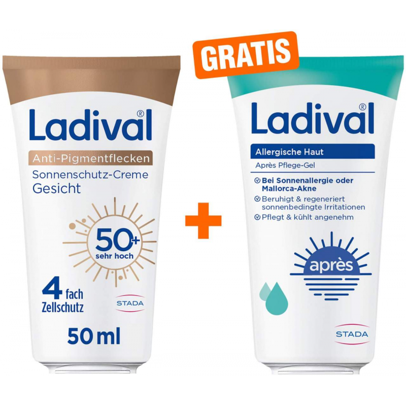 Ladival Anti-Pigmentflecken Sonnenschutz-Creme Gesicht LSF 50+ 50 ml + gratis allergische Haut Apres Pflege Gel 50 ml
