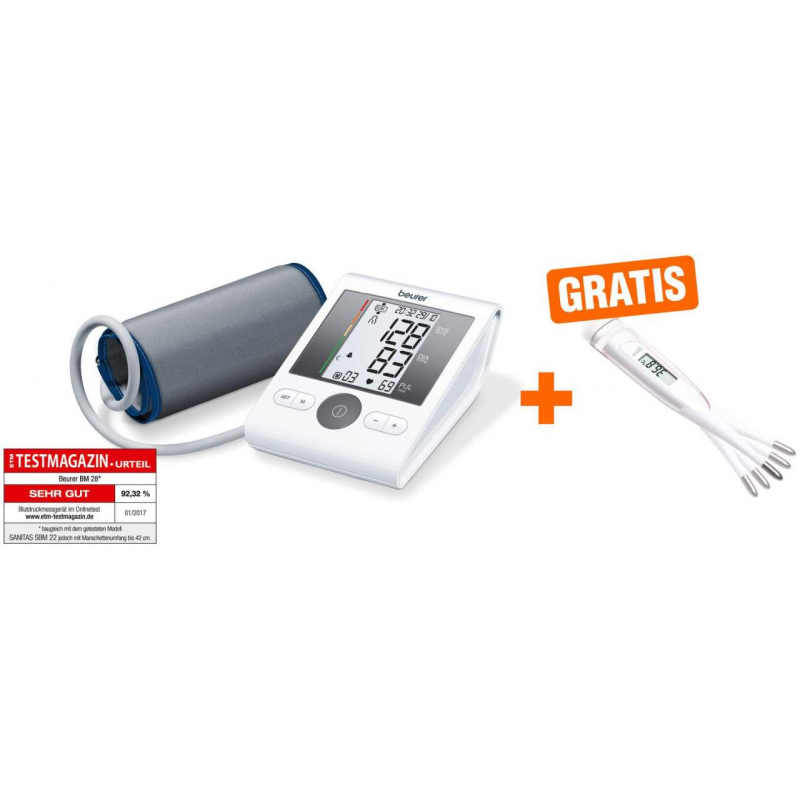 BEURER Oberarm Blutdruckmessgerät BM28 + Digitales Fieberthermometerflex gratis