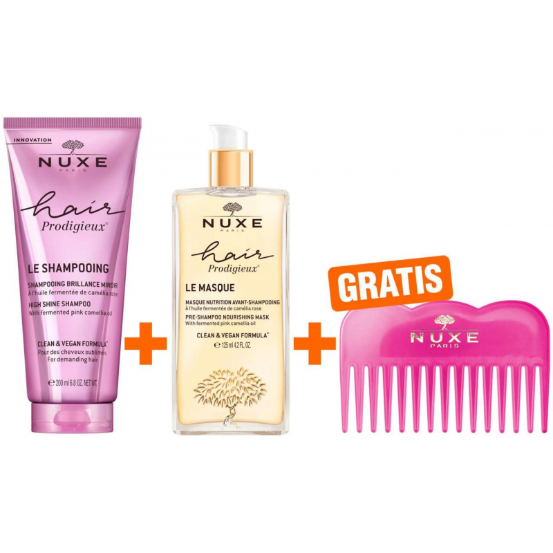 NUXE Hair Prodigieux Glanz-Shampoo 200 ml + NUXE Hair Prodigieux Pre-Shampoo-Maske 125 ml + gratis Kamm 1 Stück