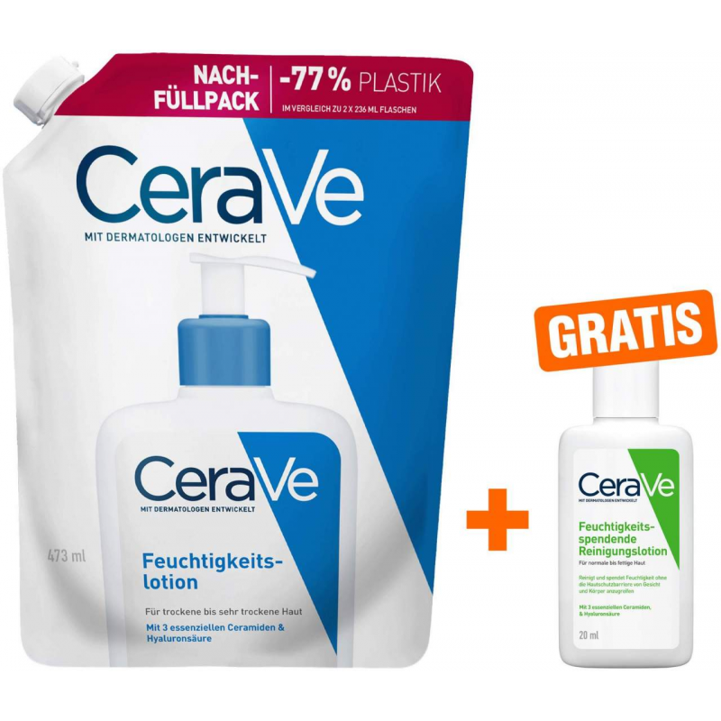 CeraVe Feuchtigkeitslotion Nachfüllpack 473 ml + gratis Cerave Feuchtigkeitsspendende Reinigungslotion 20 ml