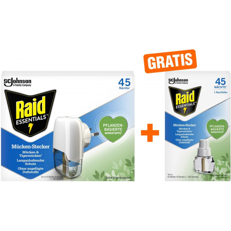 Raid Essentials Mücken-Stecker 45 Nächte Original 1 Stück + Raid Essentials Mücken-Stecker 45 Nächte Nachfüller 1 Stück