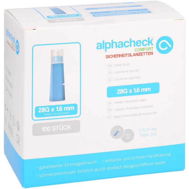 Alphacheck Comfort Sicherheitslanzetten 28 G X 1,6 mm 100 Stück