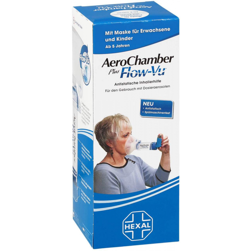 Aerochamber Hexal Plus Flow-Vu Mit Maske Für Erwachsene und Kinder