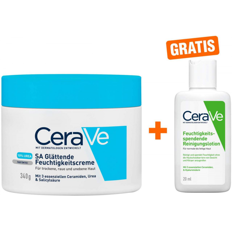 CeraVe SA Urea Glättende Feuchtigkeitscreme 340 g + gratis Feuchtigkeitsspendende Reinigungslotion 20 ml