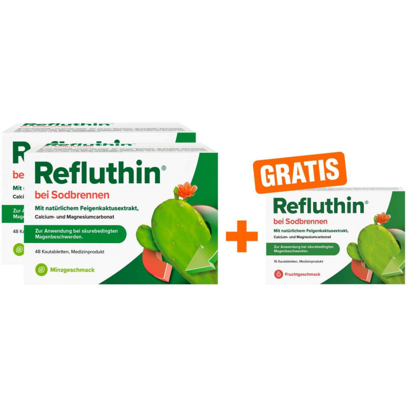Refluthin Kautabletten Minzgeschmack 2 x 48 Stück + gratis Refluthin Kautabletten Fruchtgeschmack 16 Stück
