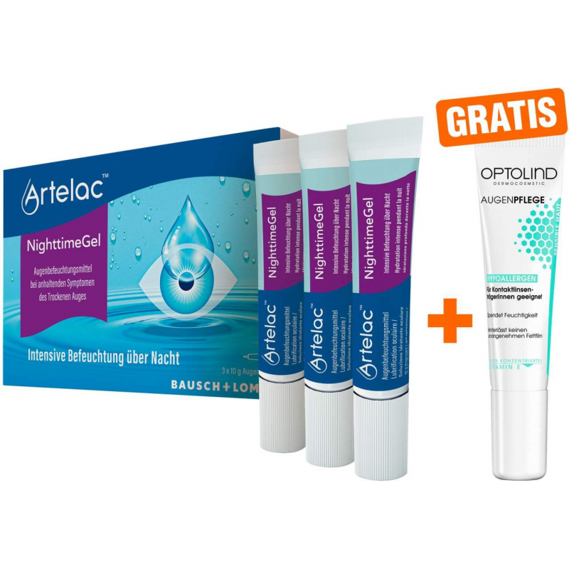 Artelac Nighttime 3x10g Augengel + gratis Optolind Empfindl. Haut Augenpflege 15 ml