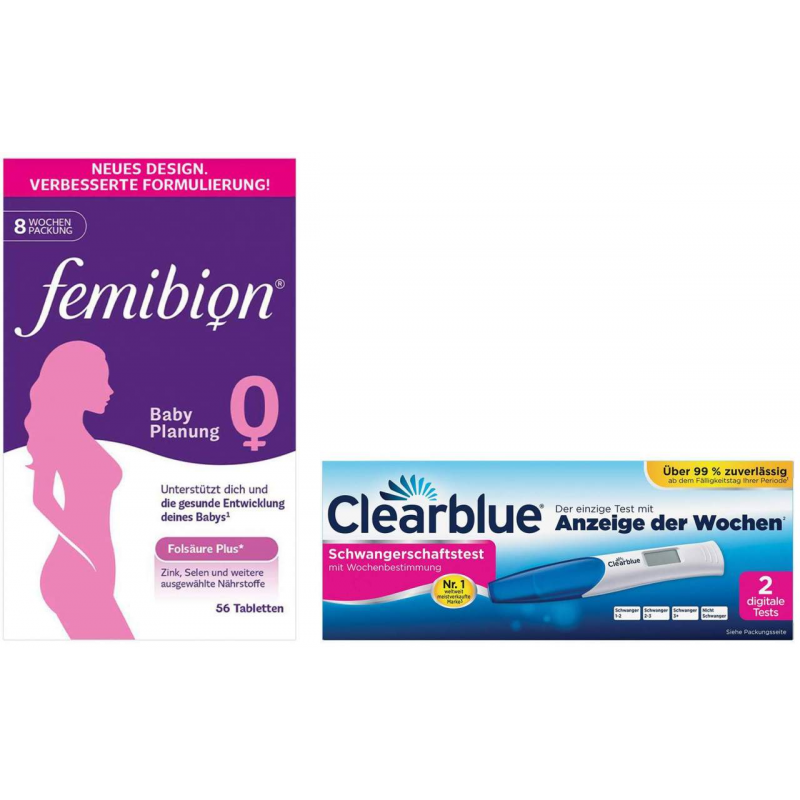 Femibion 0 Babyplanung 56 Tabletten + Clearblue Schwangerschaftstest mit Wochenbestimmung 2 Tests
