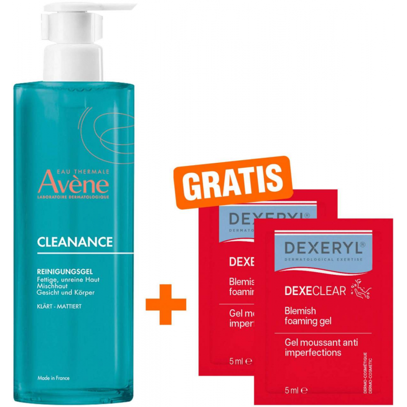 Avene Cleanance Reinigungsgel 400 ml + gratis Dexeryl Dexeclear schäumendes Reinigungsgel 2 x 5 ml