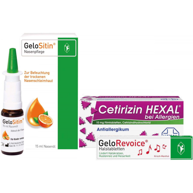 Gelositin Nasenpflegespray 15 ml Spray + Gelorevoice Kirsch-Menthol 20 Lutschtabletten + Cetirizin Hexal 100 Tabletten