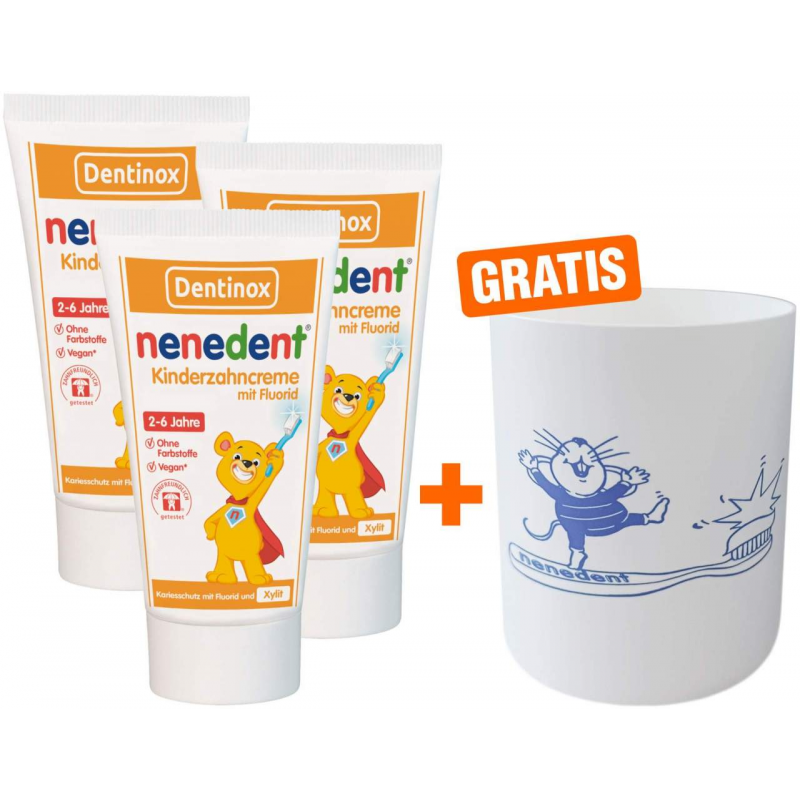Nenedent Zahncreme m.Fluorid 3 x 50 ml 2 bis 6 Jahre + gratis Zahnputzbecher 1 Stück