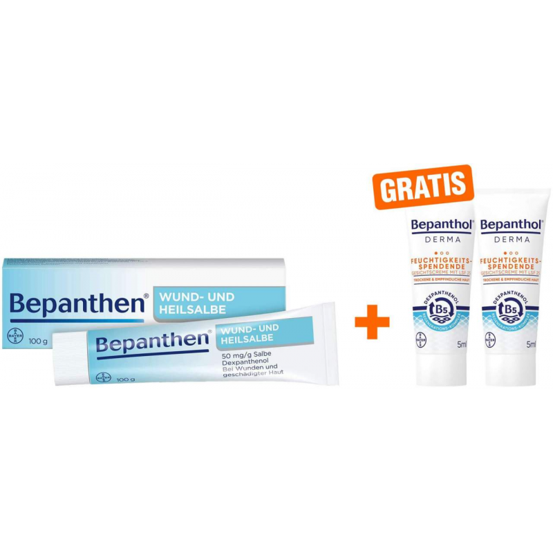 Bepanthen Wund und Heilsalbe 100 g + gratis Bepanthol DERMA Feuchtigkeitsspendende Gesichtscreme mit LSF 25 2 x 5 ml
