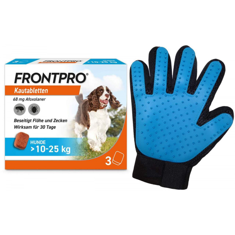 Frontpro 68 mg für Hunde 10-25 kg 3 Kautabletten + gratis Fellhandschuh