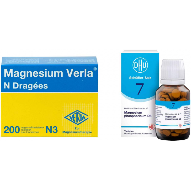 Magnesium Verla N 200 Dragees + Biochemie DHU Nr.7 Magnesium phosphoricum D6 200 Tabletten