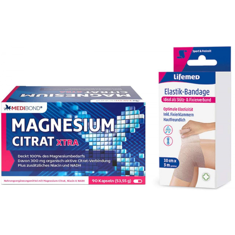 Magnesium Citrat XTRA Medibond 90 Kapseln + gratis ELASTIK-Bandage 10 cm x 3 m & Fixierklammern