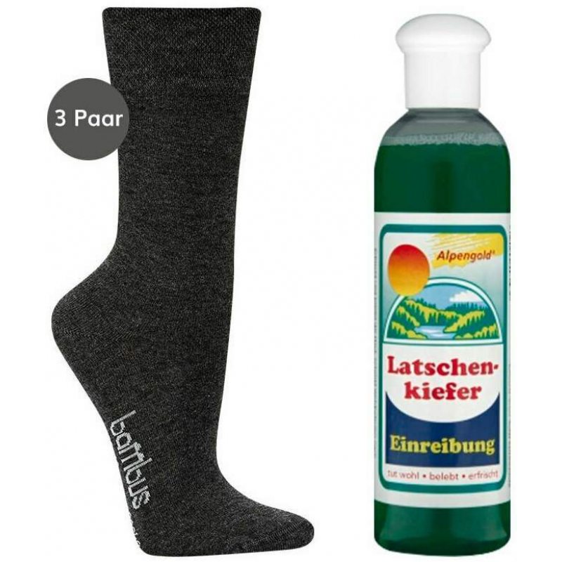 Bambus Wellness-Socken 43-46 Anthrazit 3 Paar + gratis Latschenkiefer Einreibung 250 ml