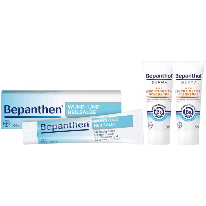 Bepanthen Wund und Heilsalbe 100 g + gratis Bepanthol DERMA Feuchtigkeitsspendende Gesichtscreme mit LSF 25 2 x 5 ml