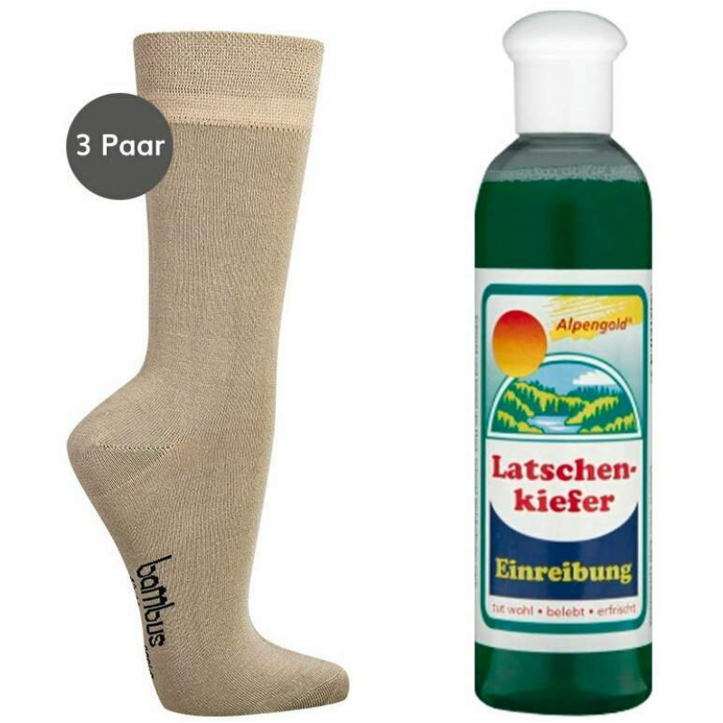 Bambus Wellness-Socken 39-42 Beige 3 Paar + gratis Latschenkiefer Einreibung 250 ml