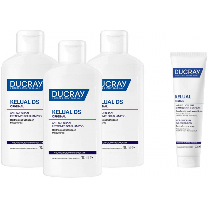 Ducray Kelual DS Shampoo 3 x 100 ml + gratis Elution ausgl. Shampoo 100 ml