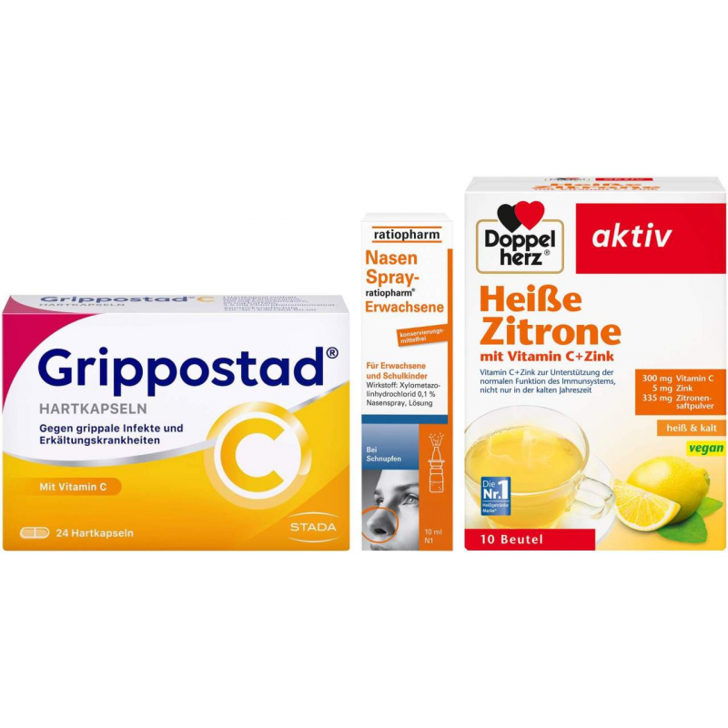 Sparset Grippostad 24 Hartkapseln & Nasenspray 10 ml & Heiße Zitrone 10 Beutel