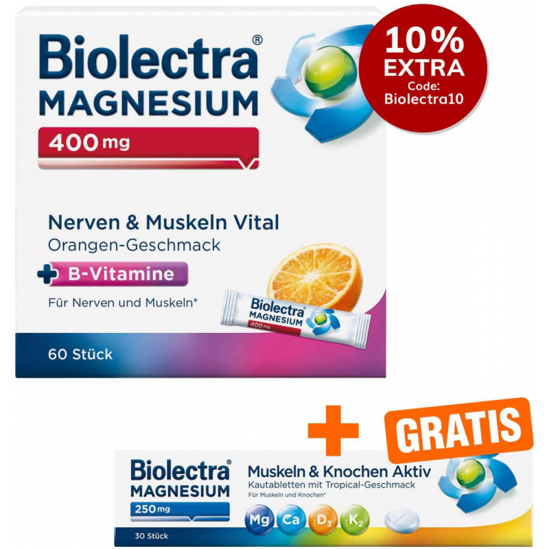 Biolectra Magnesium 400 mg Nerven & Muskeln Vital 60 Beutel + gratis Magnesium 250 mg Aktiv 30 Kautabletten