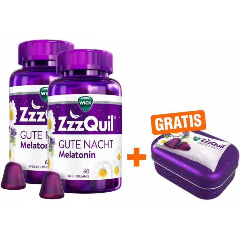 Wick ZzzQuil Gute Nacht 2 x 60 Weichgummis + gratis Wick ZzzQuil Reise-Dose 1 Stück