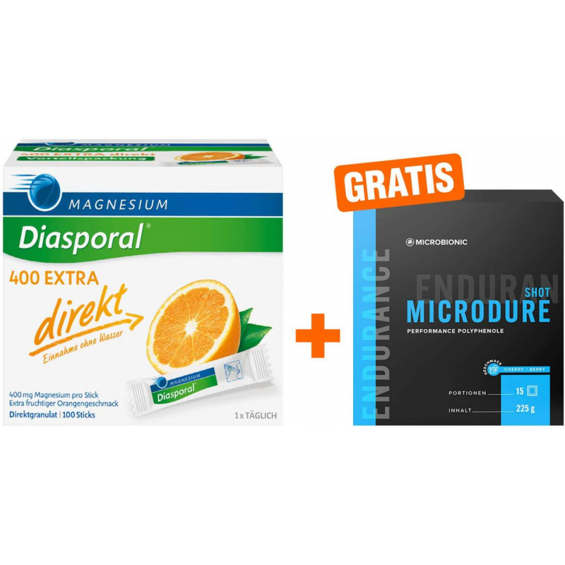 Magnesium Diasporal 400 Extra 100 Direkt Granulat Sticks + gratis Microbionic Microdure Shot 15 Sachets