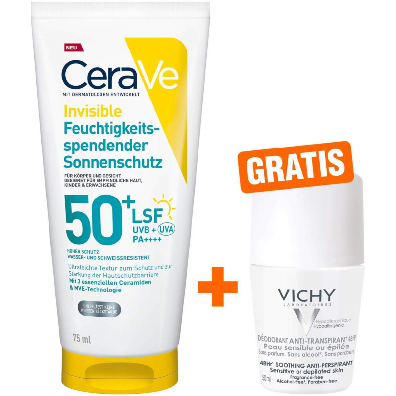 CeraVe Feuchtigkeitsspendender Sonnenschutz LSF 50+ 75ml + gratis Vichy Deo Roll-on Anti Flecken 48h 50 ml