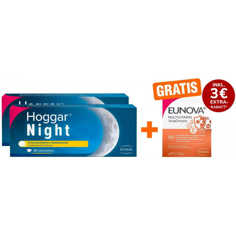 Hoggar Night 25 mg 2 x 20 Schmelztabletten + gratis Eunova VivaChrono 2 x 10 Tabletten