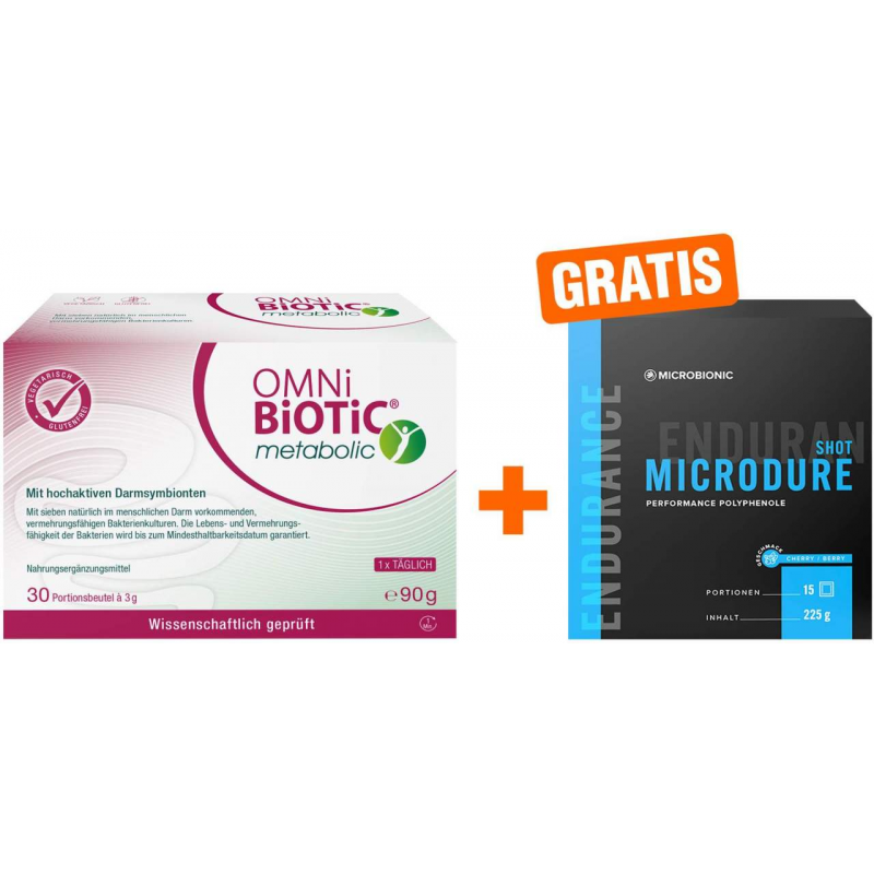 Omni Biotic metabolic Probiotikum 30 x 3 g Beutel + gratis Microbionic Microdure Shot 15 Sachets