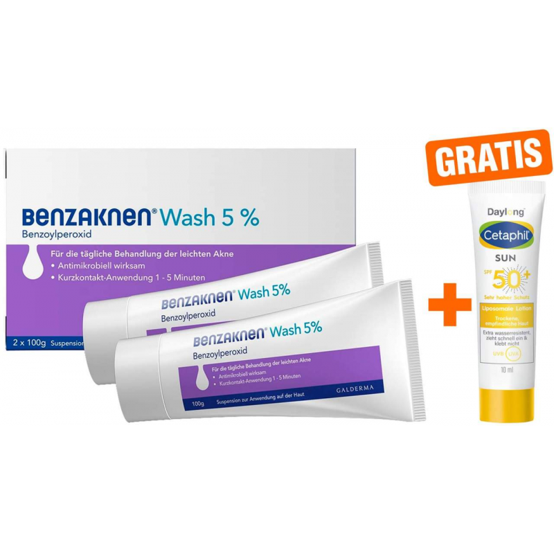 Benzaknen Wash 5 % Suspension 2 x 100 g + gratis Cetaphil Sun Daylong SPF 50+ liposomale Lotion 10 ml
