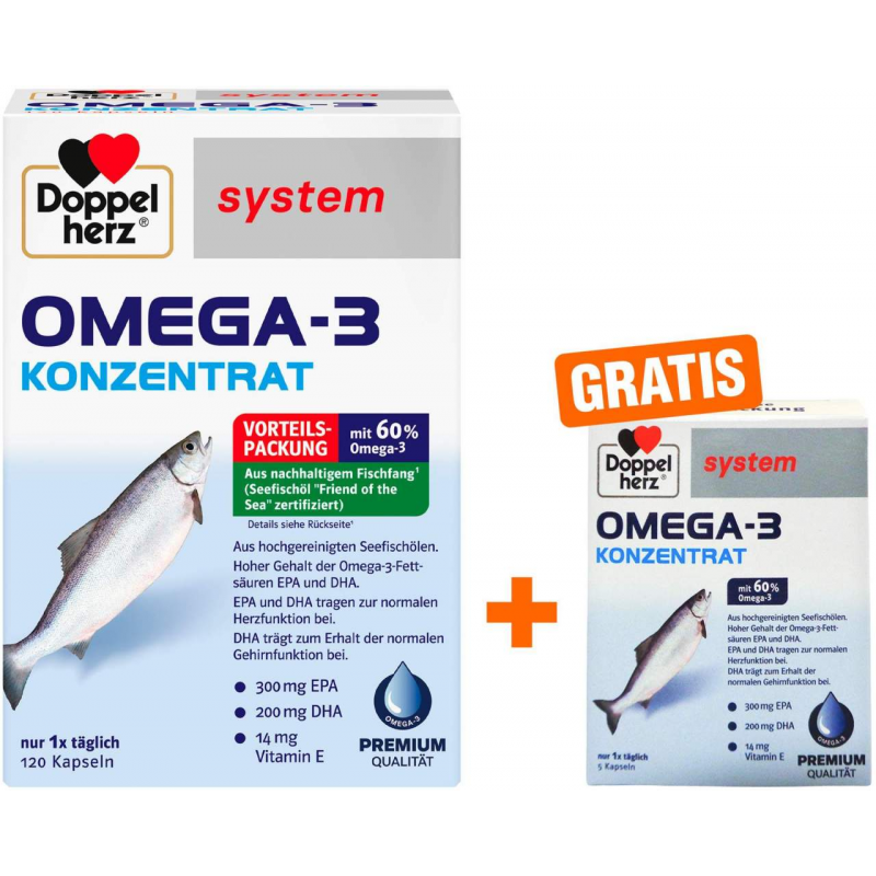 Doppelherz system Omega 3 Konzentrat Kapseln 120 Stück + gratis Doppelherz system Omega-3 Konzentrat 5 Kapseln