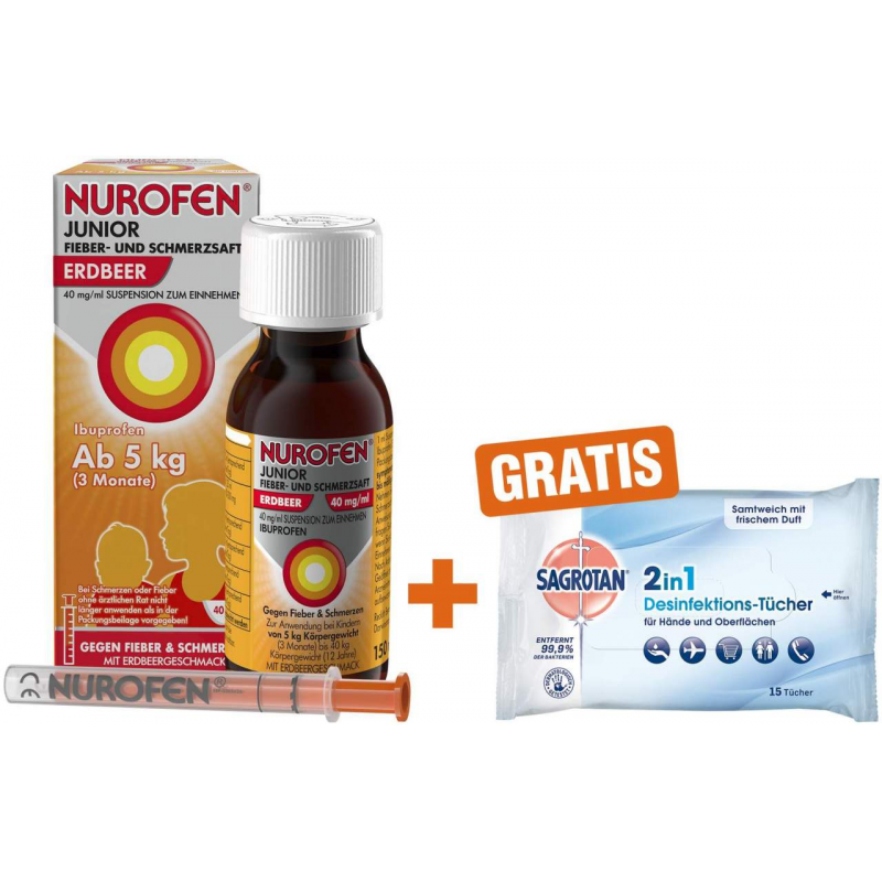 Nurofen Junior Fieber- & Schmerzsaft 40 mg pro ml 150 ml + Sagrotan 2 in 1 Desinfektionstücher 15 Stück