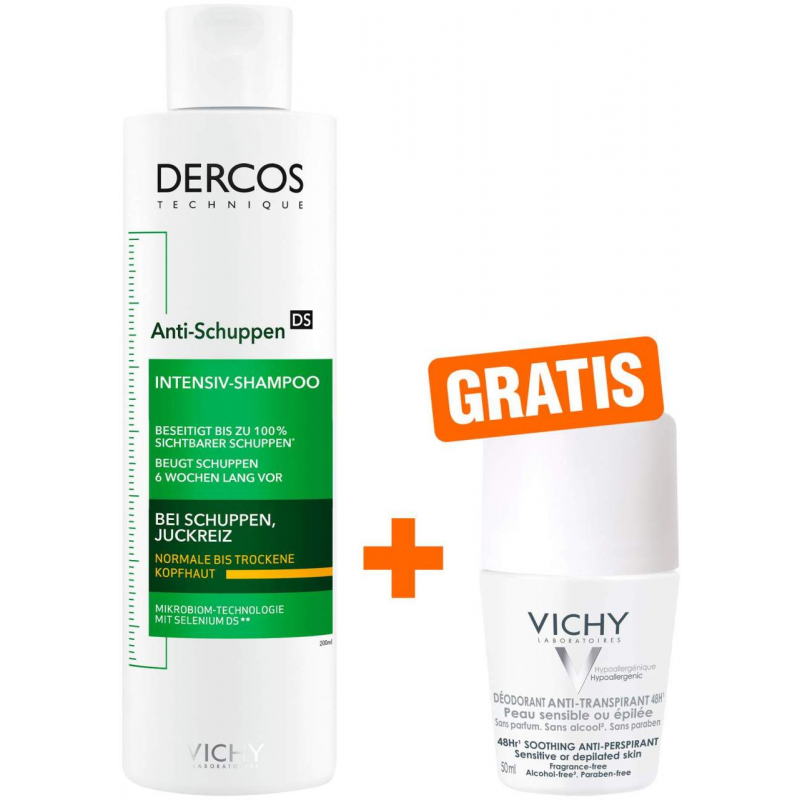 Vichy Dercos Anti-Schuppen Shampoo trockene Kopfhaut 200ml + gratis Vichy Deo Roll-on Anti Flecken 50ml