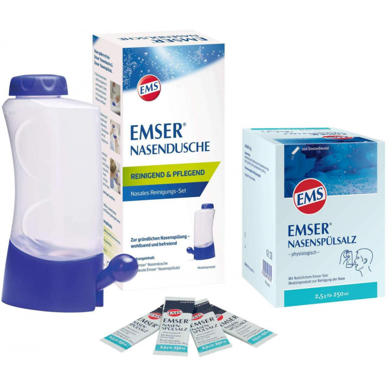 Emser Nasendusche mit 4 Beutel Nasenspülsalz + Nasenspülsalz physiologisch 100 Beutel Pulver