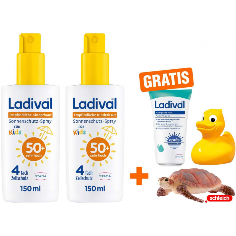 Ladival empfindliche Kinderhaut Spray LSF 50+ 2 x 150 ml + gratis Schleich® Schildkröte + gratis Ente + gratis Lotion
