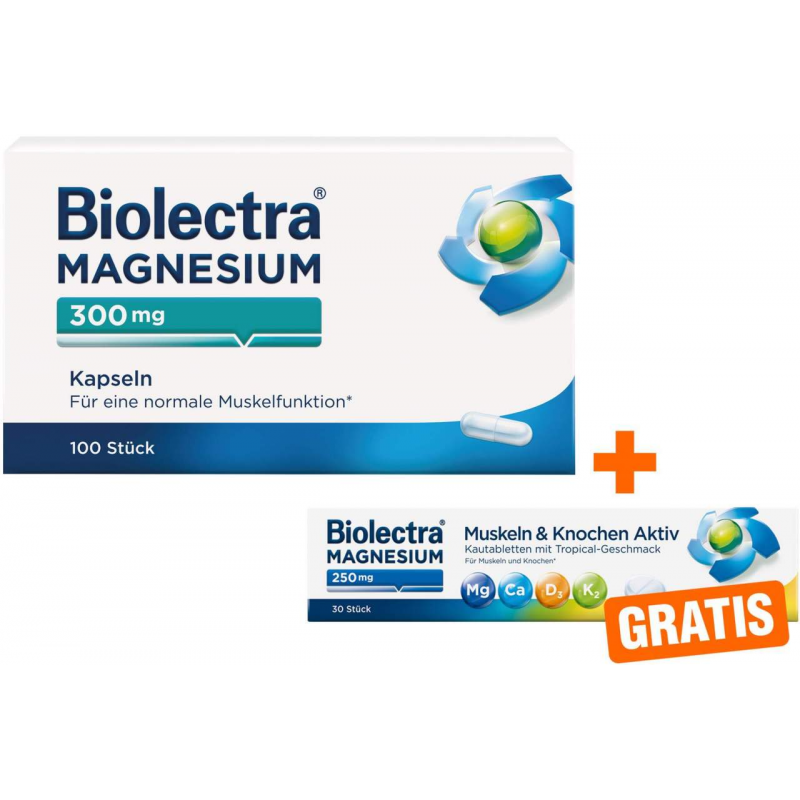 Biolectra Magnesium 300 mg 100 Kapseln + gratis Biolectra Magnesium 250 mg Muskeln und Knochen Aktiv 30 Kautabletten