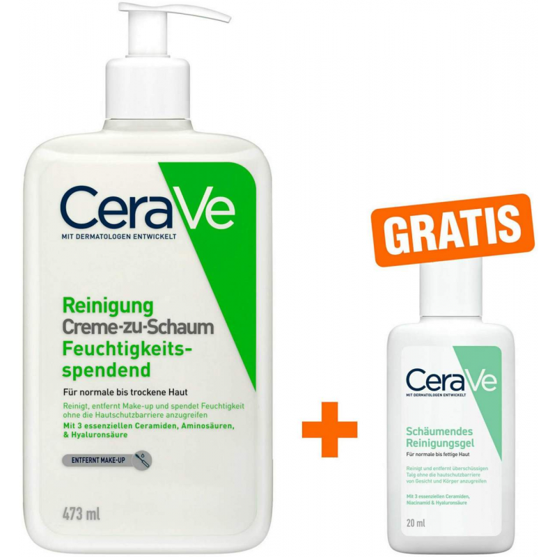 CeraVe Creme-zu-Schaum Reinigung 473 ml + gratis Schäumendes Reinigungsgel 20 ml
