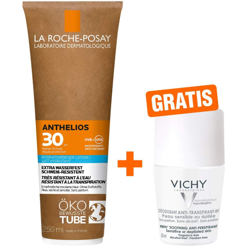 La Roche Posay Anthelios Milch LSF 30 Papp Tube 250 ml + gratis Vichy Deo Roll-on Anti Flecken 48h 50 ml