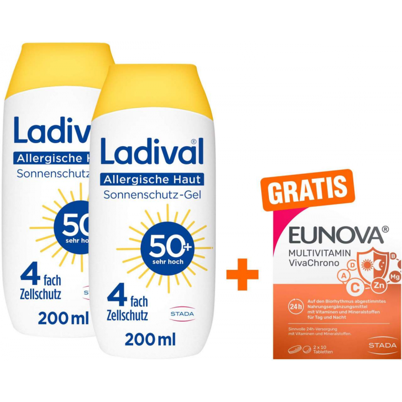 Ladival allergische Haut Sonnenschutz-Gel LSF 50+ 2 x 200 ml + gratis Eunova VivaChrono 2 x 10 Tabletten