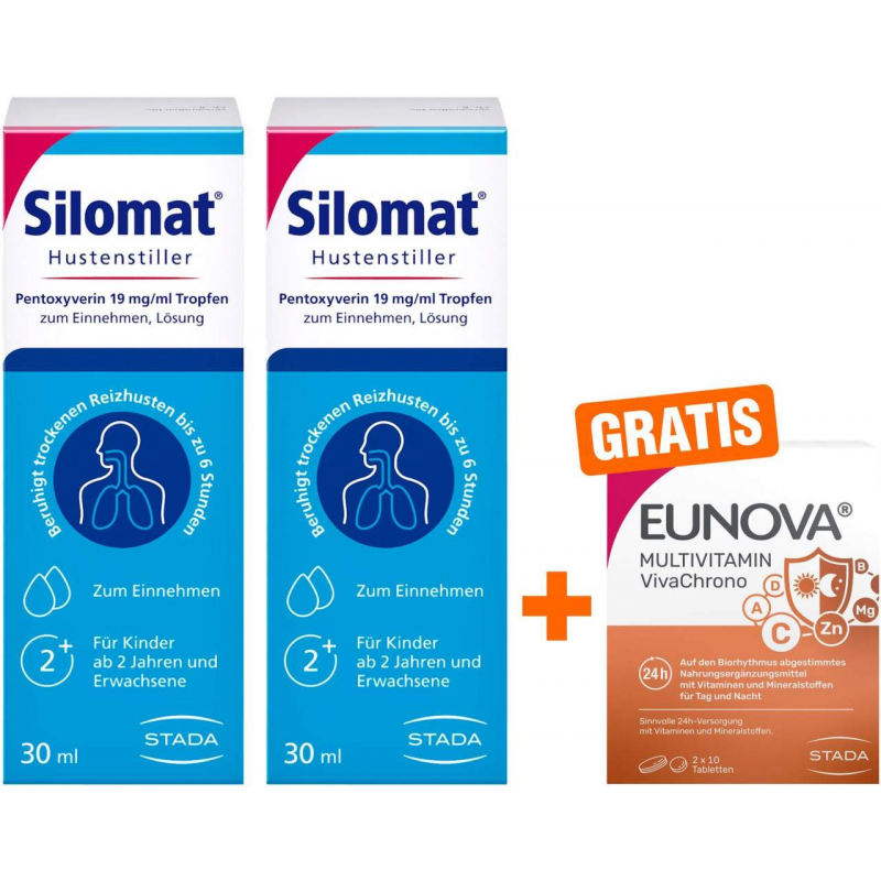 Silomat Hustenstiller Pentoxyverin 19 mg je ml 2 x 30 ml Tropfen + gratis Eunova VivaChrono 2 x 10 Tabletten