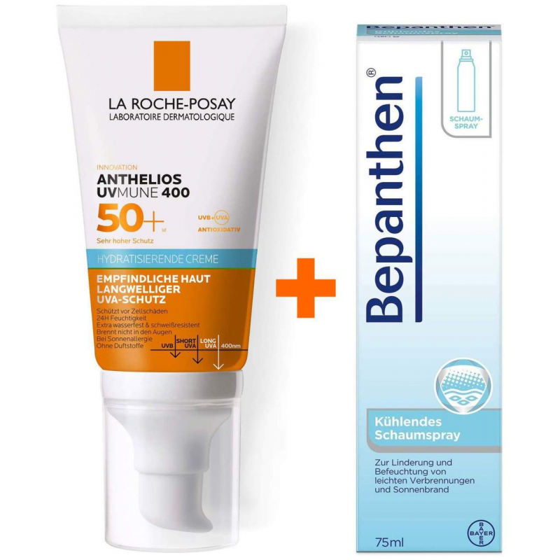 La Roche Posay Anthelios Hydratisierende Creme UVMune 400 LSF 50+ 50 ml + Bepanthen 75 ml kühlendes Schaumspray