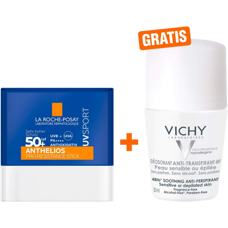 La Roche Posay Anthelios Pro Sport Stick LSF 50+ 9 g + gratis Vichy Deo Roll-on Anti Flecken 48h 50 ml