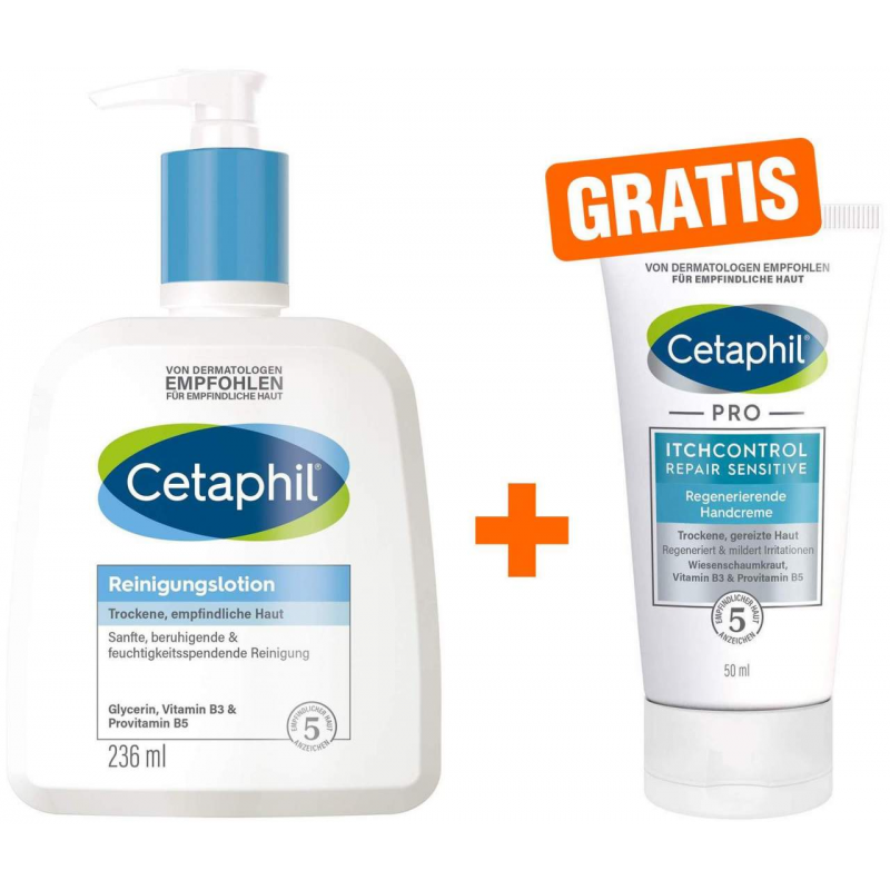 Cetaphil Reinigungslotion 236 ml + gratis Pro Itch Control Repair sensitive regenerierende Handcreme 50 ml