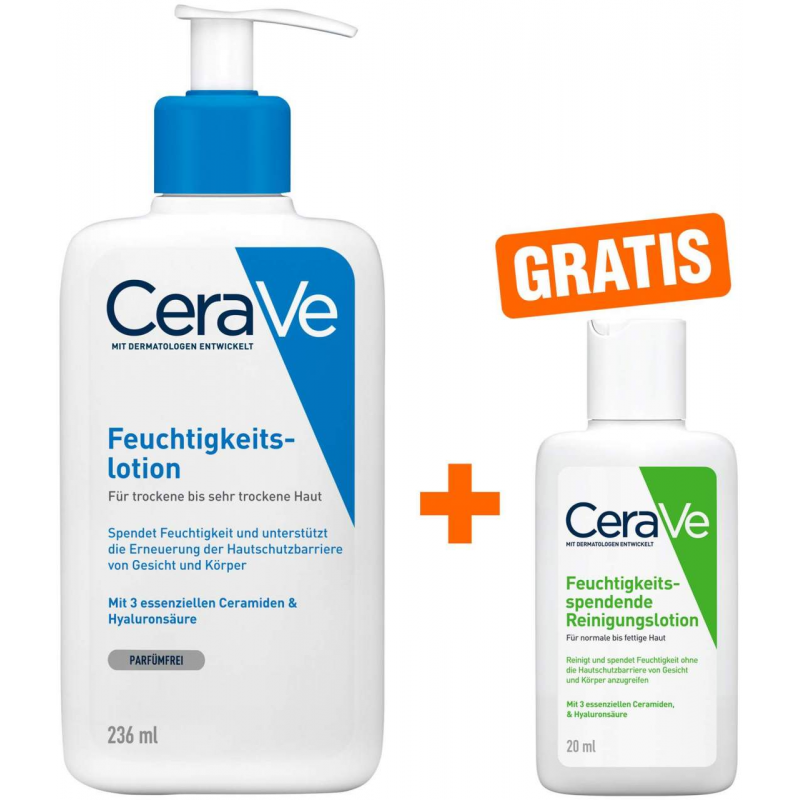 CeraVe Feuchtigkeitslotion 236 ml + gratis feuchtigkeitsspendende Reinigungslotion 20 ml