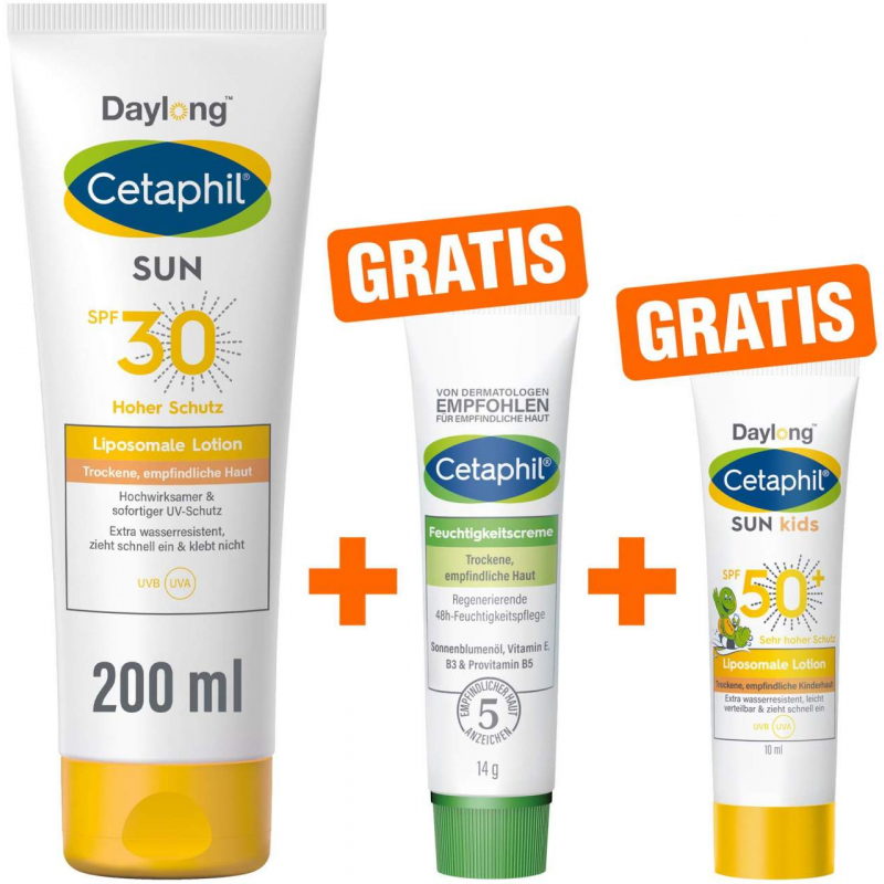 Cetaphil Sun Daylong SPF 30 liposomale Lotion 200 ml + gratis Feuchtigkeitscreme 14 g + gratis liposomale Lotion 10 ml