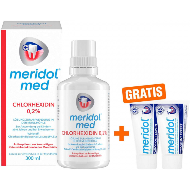 Meridol med Chlorhexidin 0,2% Lösung 2 x 300 ml + gratis Meridol Parodont Expert Zahnpasta 2 x 20 ml