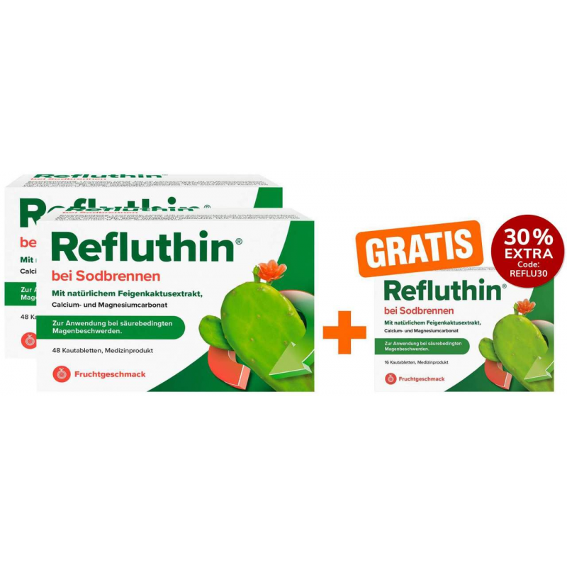 Refluthin Kautabletten Fruchtgeschmack 2 x 48 Stück + gratis 16 Kautabletten