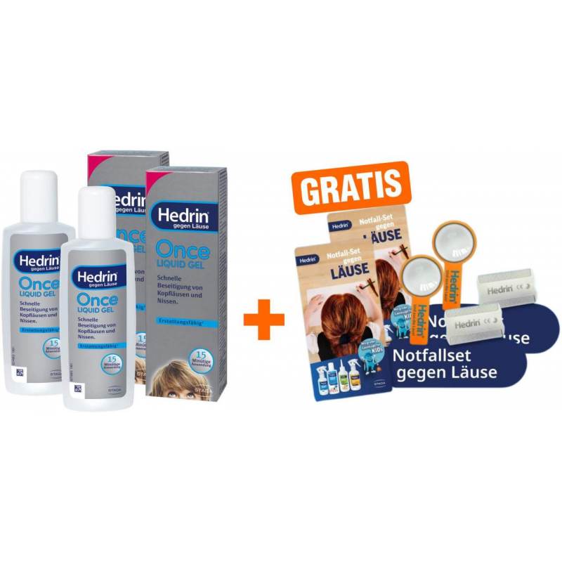 Hedrin Once Liquid Gel 2 x 100 ml + gratis Hedrin Notfall-Set gegen Läuse 2 x 1 Stück