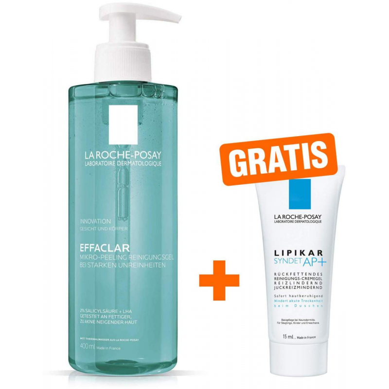 La Roche Posay Effaclar Mikro Peeling Reinigungsgel 400 ml + gratis Lipikar Syndet AP+ 15 ml
