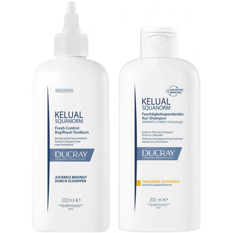 Ducray Kelual Squanorm Kopfhaut Tonikum 200 ml + Kelual Squanorm trockene Schuppen 200 ml Shampoo